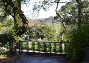 Gated entry to the property. Beyond is "the compound": main house & 2 cottages