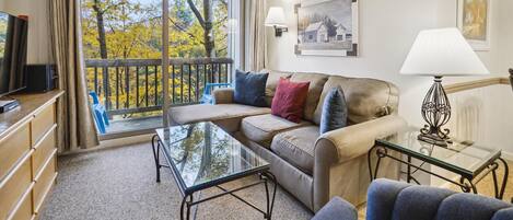 Living room with gas fireplace.  Lots of natural lighting with sliding glass doors, giving access to small decking.