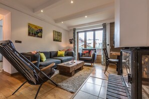 Bright living room with chimney