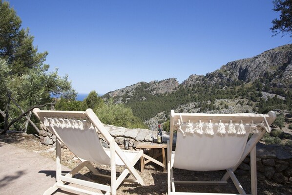Sun loungers facing the mountains at Villa in Soller, Mallorca