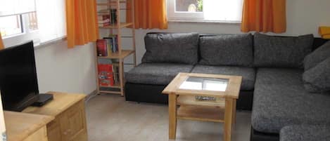 Das Wohnzimmer mit großer Couch, auch für 1-2 Aufbettungen