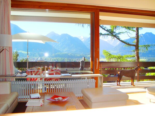 Wohnzimmer, riesiger Südbalkon und Alpenpanorama mit Hund