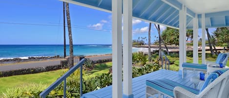 Cherished Cottage at Brennecke Beach - Oceanfront Lounging Lanai View - Parrish Kauai