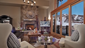 Great room with fireplace and views