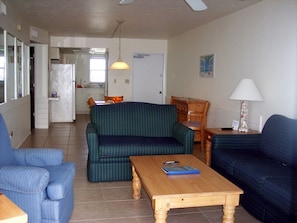 View from balcony of the living room, dinning room, and part of kitchen