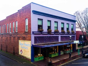 Front and side of our historic building in the center of downtown