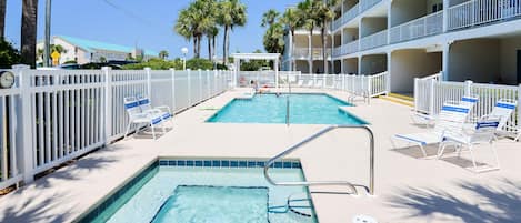 The pool and hot tub are only steps away from the condo!