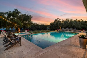 SPACIOUS outdoor space | Game Ally, Fire Pit & Picnic Table Area behind the pool, all covered with Party Lights
