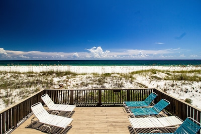 View of the beach from the lower deck - Large Deck overlooking the Gulf...Can see children on beach from deck