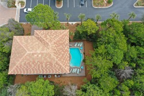 Aerial view of the perfect three-story vacation home.