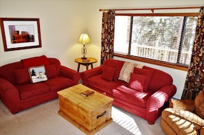 Main Level Living Room - This spacious living room is on the main level. It has two comfortable sofas, TV, and opens up to the dining room and kitchen.