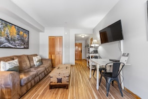 Living area with sleeper sofa, mounted flat screen TV and hardwood flooring.