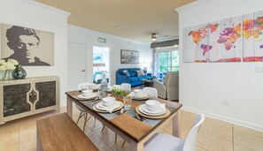 Dining Area with living room and master bedroom in background. 