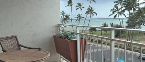 Balcony - Balcony, view south; ocean view and beach park across the street