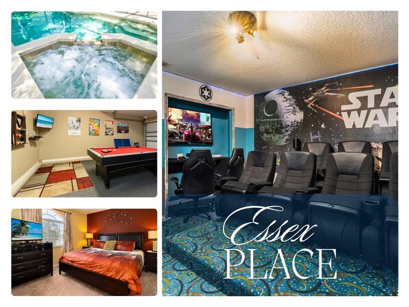 Collage showing pool and some interior rooms including game room