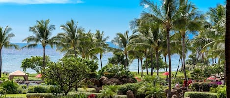 Enjoy ocean views from the lanai with soothing trade wind breezes.