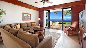 Poipu Kapili Resort #56 - Oceanfront Living Room & Lanai View - Parrish Kauai