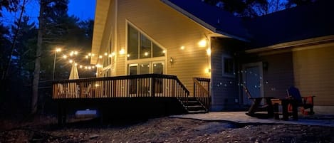 View of our lake home at dusk