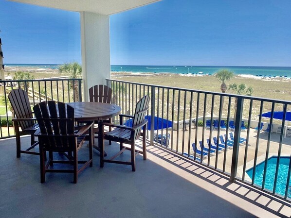 No shortage of blue out here!! Blue skies, blue Gulf waves rolling in, and a blue pool view to take in, all from YOUR balcony!