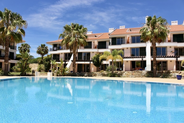 The view towards the apartment from the swimming pool