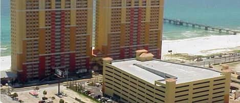 Aerial view of the Calypso Resort and parking deck