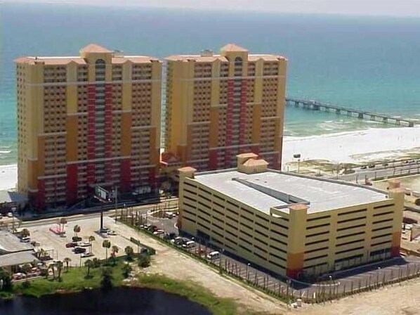 Aerial view of the Calypso Resort and parking deck