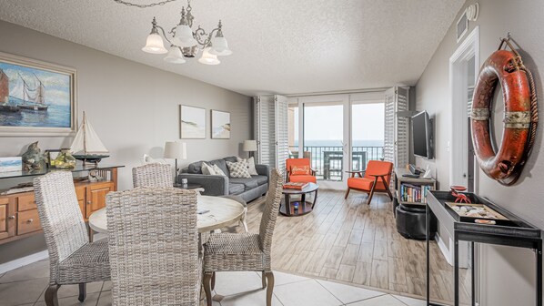Enjoy the stunning view of the Gulf from the living room and dining area