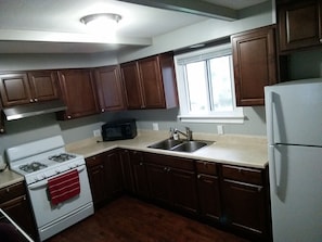 Kitchen (with microwave, stove and fridge)