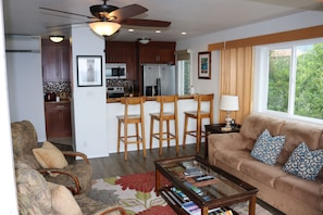 From the lanai across the living area to the kitchen. Note the AC unit!