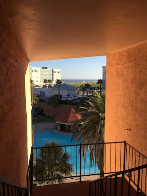 A really cool view of the large pool from the 3rd floor at the 2nd elevator