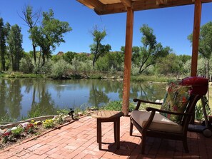 Your large private patio with grill and comfortable seating on the pond