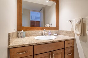 Granite counters. Hair dryer and separate vanity area