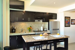 Bar & Kitchen with flatscreen TV for Living area.