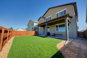 The backyard features a 3-burner Weber BBQ grill with provided propane