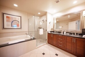 Spacious shower (the water pressure is amazing) and jet bathtub