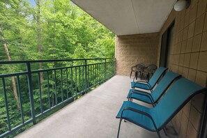 Large private balcony overlooking the river.