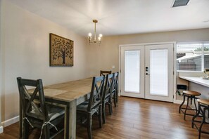 Can't live without your farm table when you are away? You don't have to. Gather to play games or eat. Seats 8 plus 2 barstools at the counter