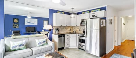 Living Area - Great coastal vibe in this newly renovated and painted villa.  Queen sized sleeper sofa for those extra guests.