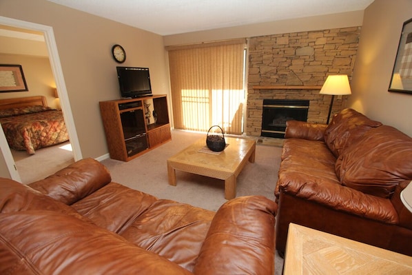 Living area has cozy fireplace