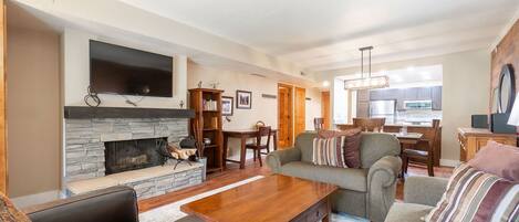 Cozy wood burning fireplace in the living room