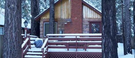Snow covered Big Bear Cool Cabins, Cottage in the Pines front