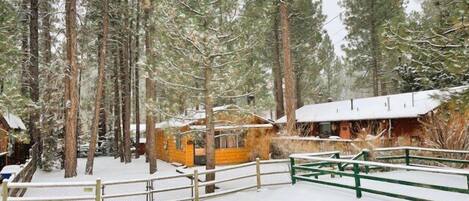 Snow covered Big Bear Cool Cabins Romantic Getaway, front