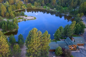 Overview of Lodge and pond inside our 10 acres