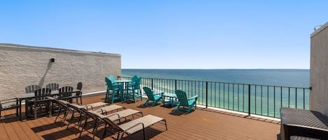 Beach view from private 600 square foot rooftop deck