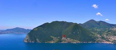 Our holiday home (red marker), seen from the world famous Monte Isola