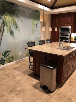 Kitchen - breakfast bar, thatched ceiling, mural hand-painted by local artist.