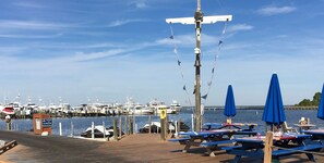 Enjoy a fish sandwich and great view at the marina a short walk from the village