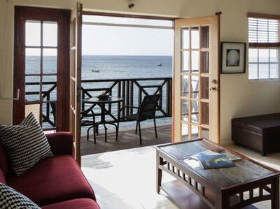 Large living room with french doors and pull down screen to allow ocean breeze