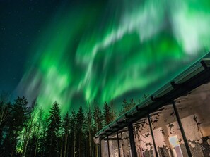 Guest photo of northern lights in villa yard, glass terrace