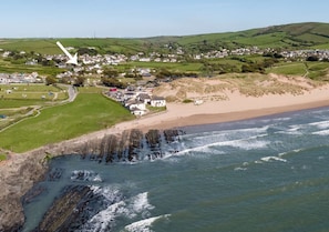 An aerial view of Croyde beach showing just how close The Bolthole is to the beach
